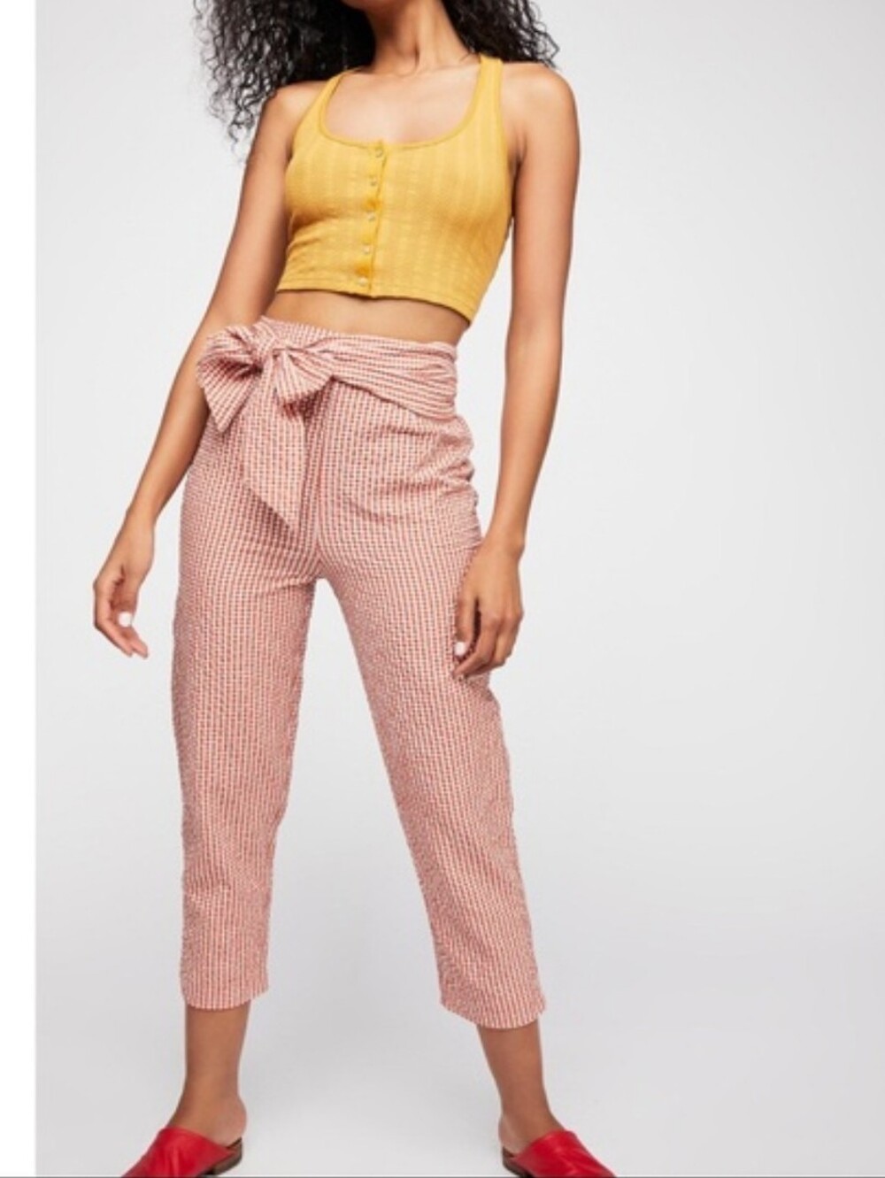 Free People West Side Tie Gingham Seersucker Ankle Pants Rust Orange Size 4